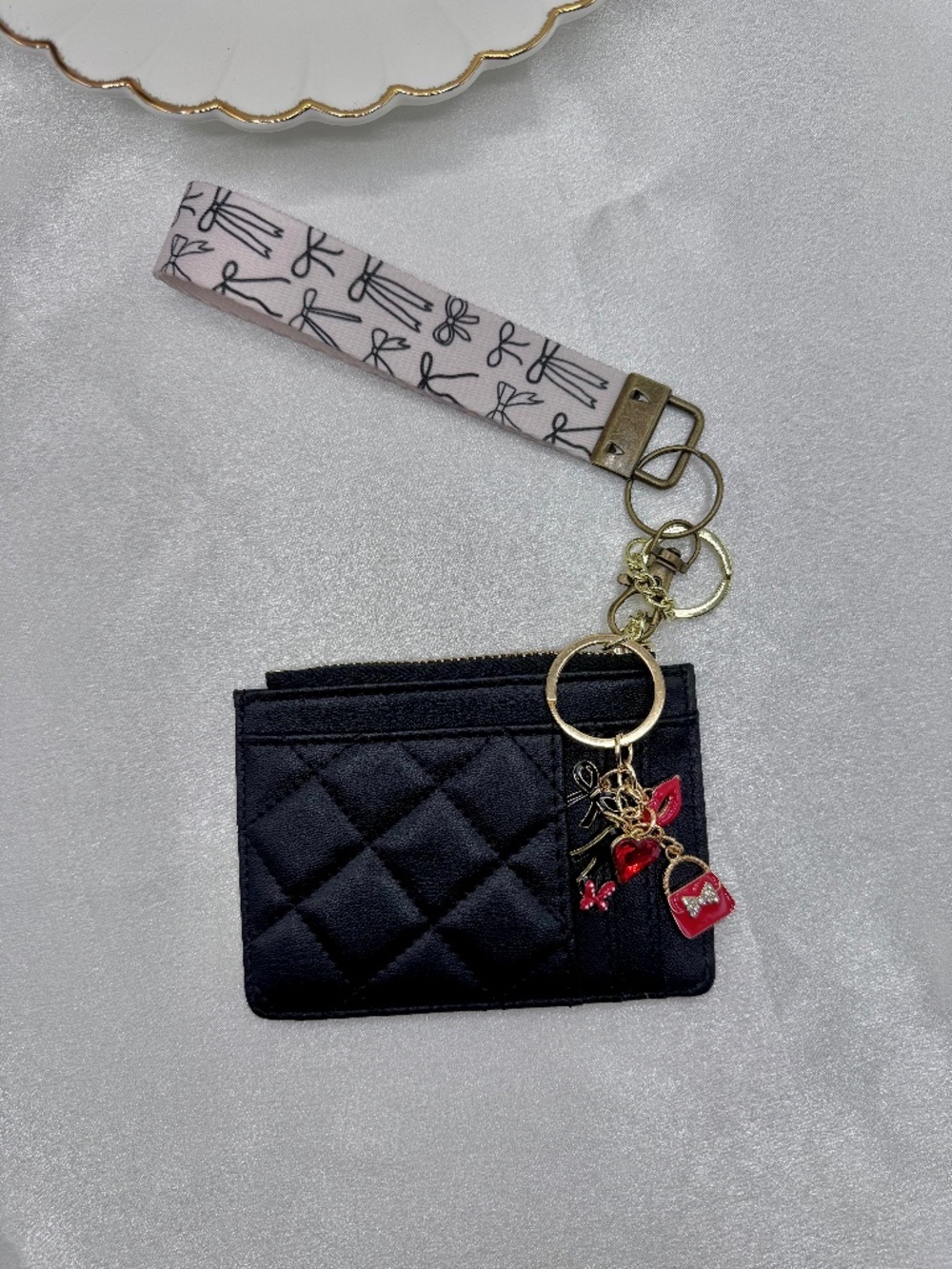 Black Quilted Card Holder Wallet Keychain Wristlet Charm Set